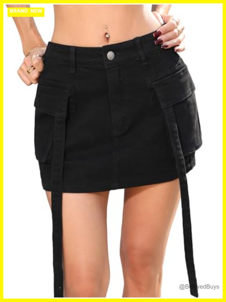 High Stretch Cargo Denim Skort With Attached Shorts And Flap Pockets